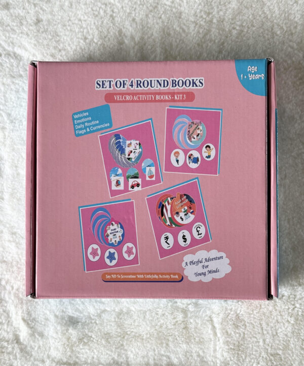 Kit 3- Set Of 4 Round Velcro Activity Books ( Opposites/ Flags And Currencies/ Vehicles/ Bodyparts) - Image 7