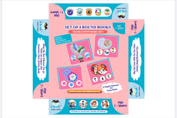 Kit 3- Set Of 4 Round Velcro Activity Books ( Opposites/ Flags And Currencies/ Vehicles/ Bodyparts)